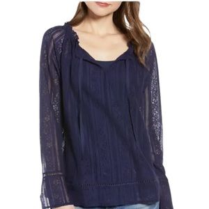 Hinge Women’s Blue Lace Embroidered Blouse Peasant Top